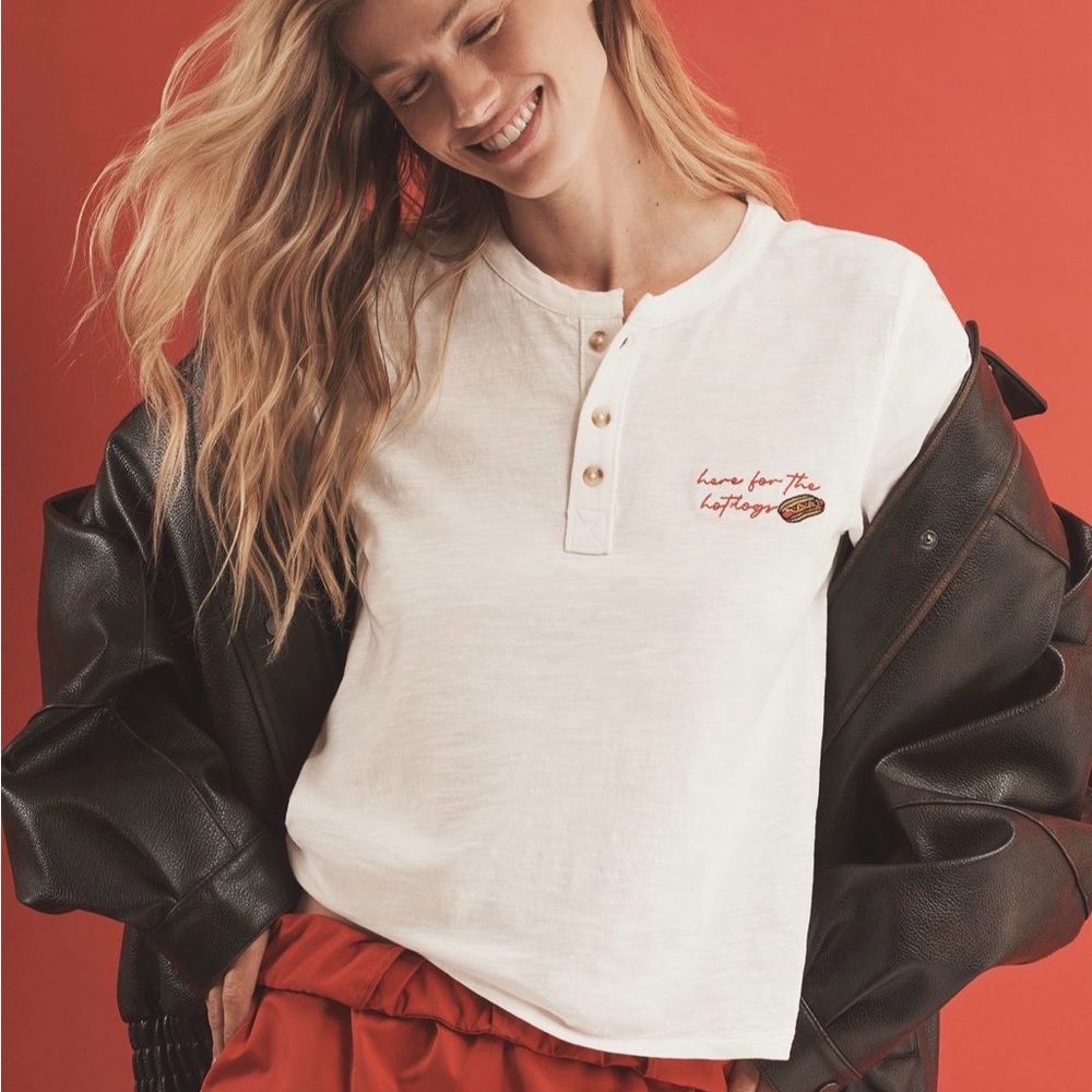 🌭 NWT Anthropologie Pilcro Embroidered Here for the Hotdogs Henley Tee